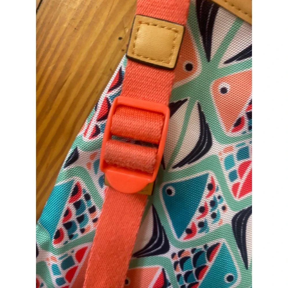 Vera Bradley Fish Print Drawstring Backpack Coral Teal Geometric Beach‎ Gym Bag